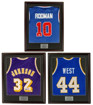 NBA Framed Autographed Jersey Lot of (3): Dennis Rodman, Jerry West & Magic Johnson